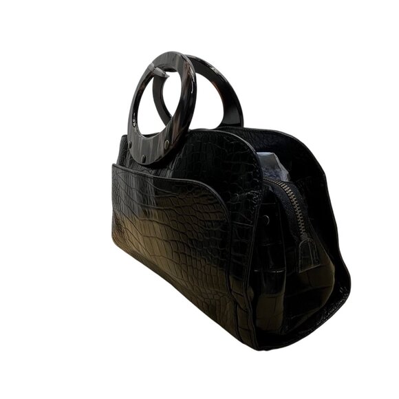 Adrienne Vittadini Women’s Black Leather Croc Embossed Tortoiseshell Top Handle - Picture 4 of 11